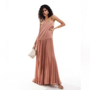 ASOS Satin Cami Trapeze Dress with Pleated Skirt in Mocha